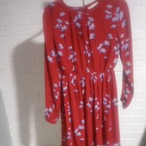 LOFT Red Dress with Blue and White Floral Design
